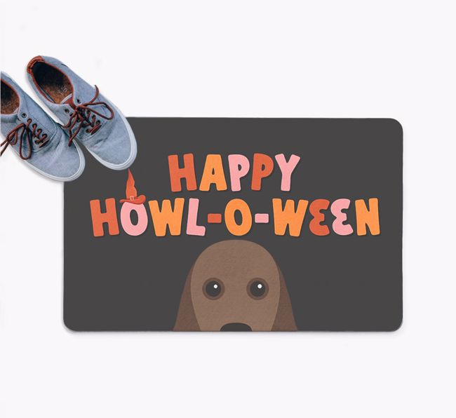 Happy Howl-O-Ween: Personalized {breedFullName} Doormat