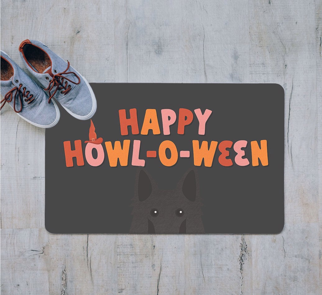 Happy Howl-O-Ween: Personalized {breedFullName} Door Mat