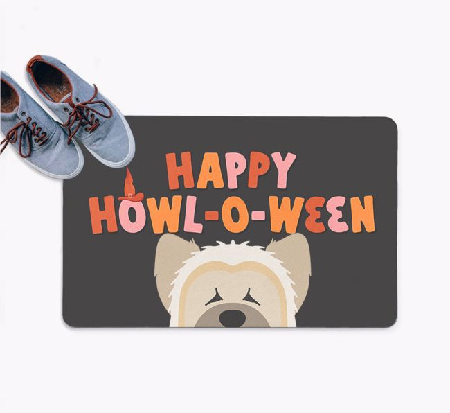 Happy Howl-O-Ween: Personalized {breedFullName} Doormat
