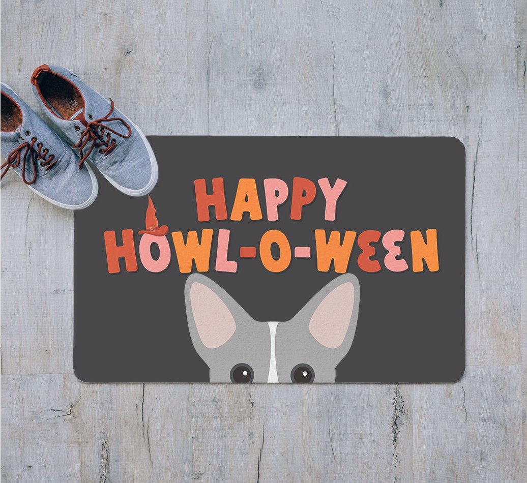 Happy Howl-O-Ween: Personalized {breedFullName} Door Mat