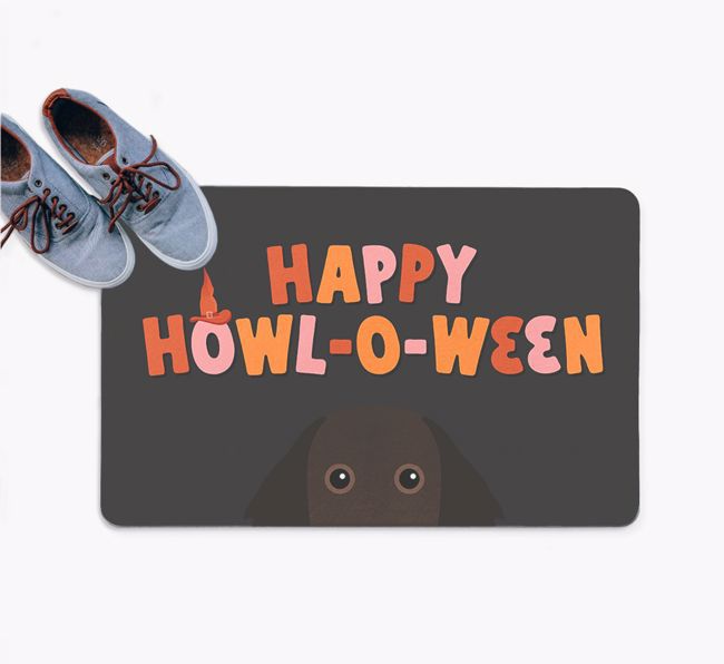 Happy Howl-O-Ween: Personalized {breedFullName} Doormat