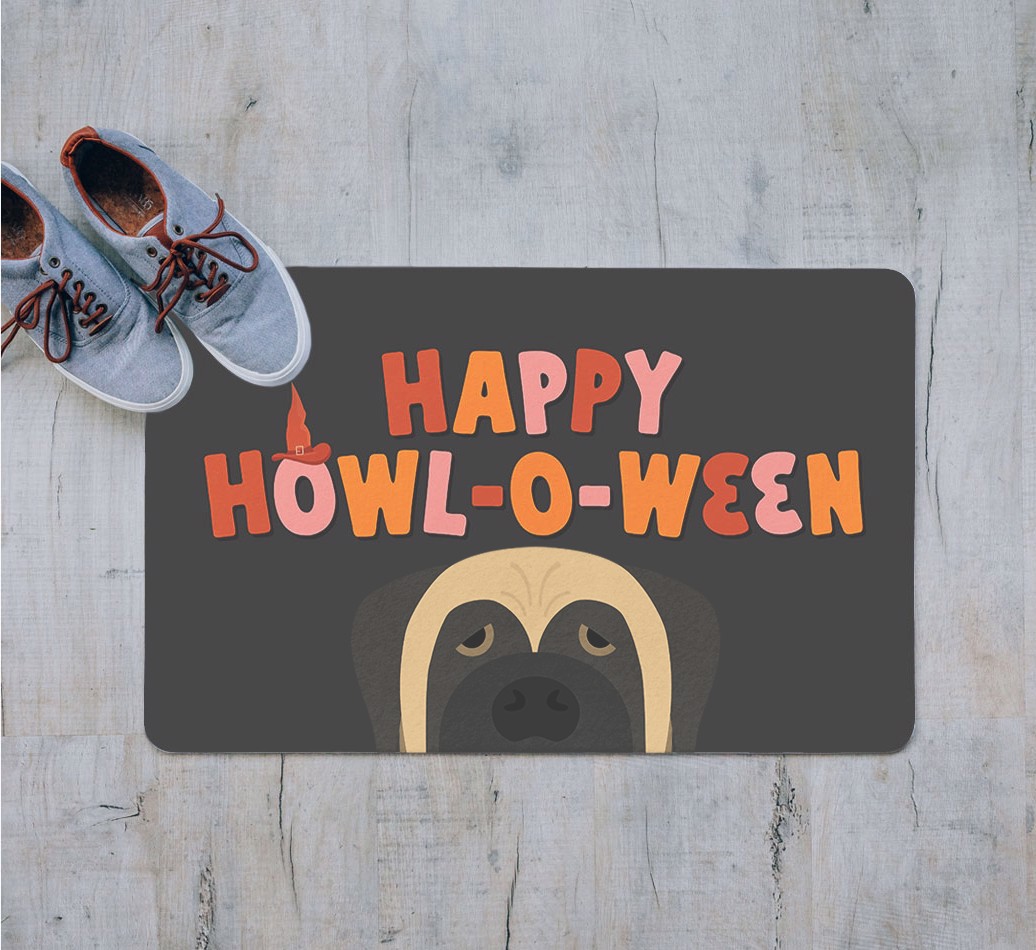 Happy Howl-O-Ween: Personalized {breedFullName} Door Mat
