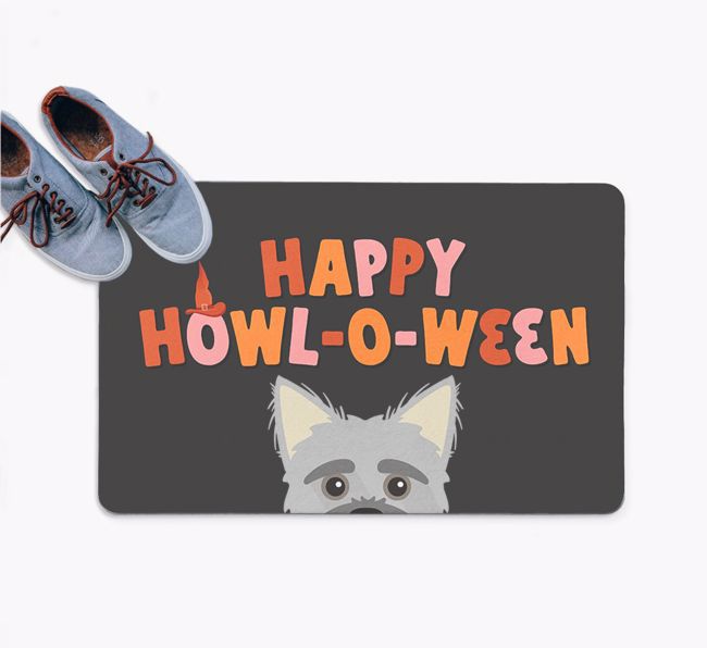 Happy Howl-O-Ween: Personalized {breedFullName} Doormat