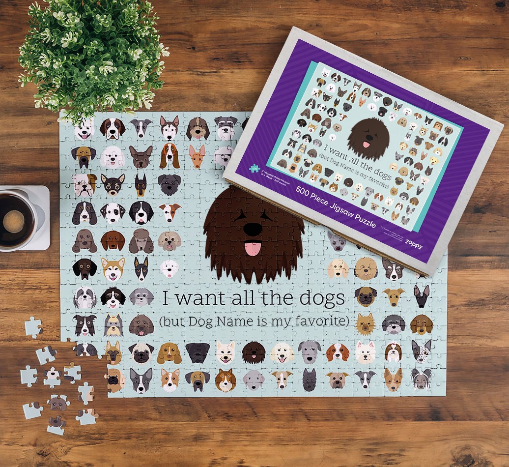 I Want All The Dogs: Personalized {breedFullName} Jigsaw - on a table being built, with box 