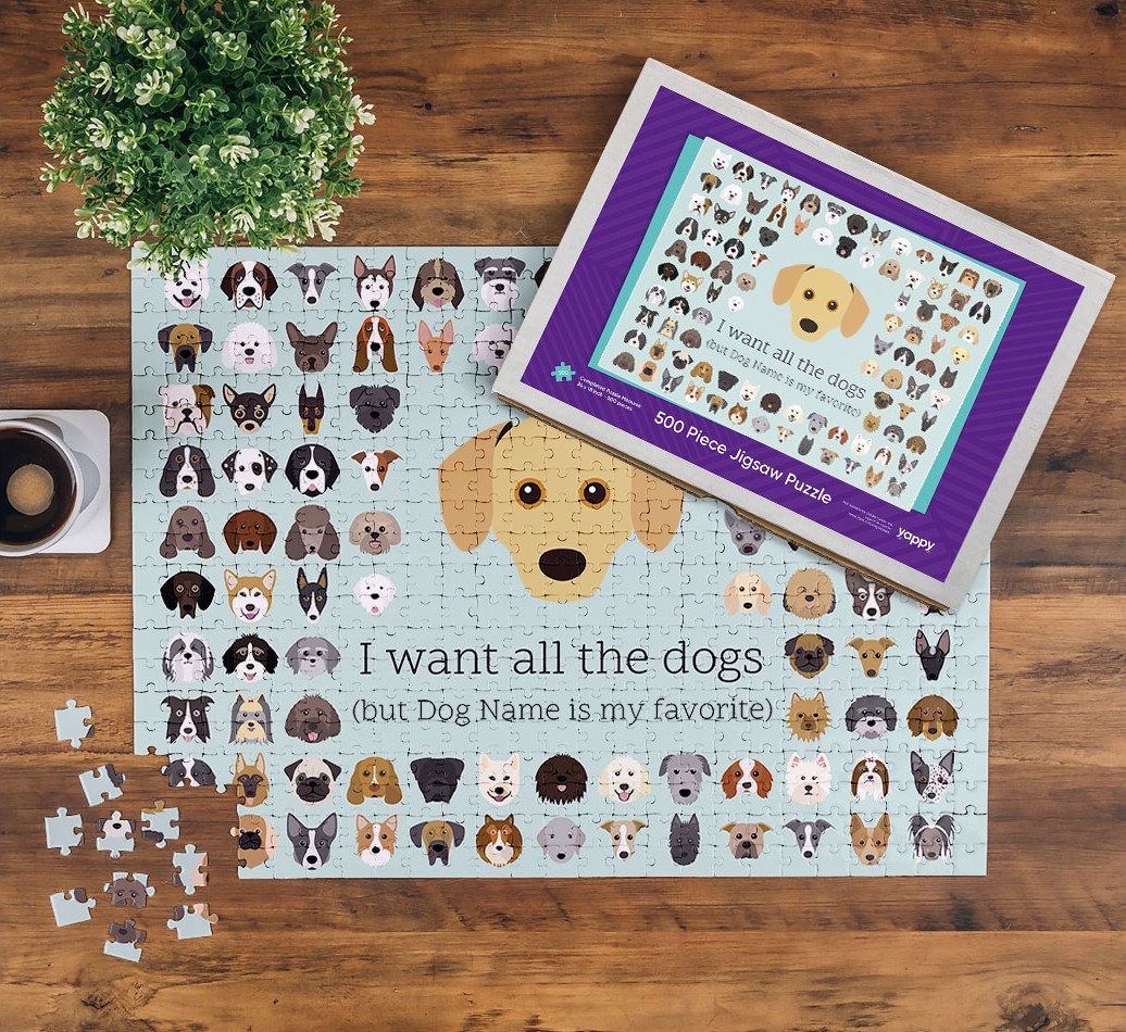 I Want All The Dogs: Personalized {breedFullName} Jigsaw - on a table being built, with box 