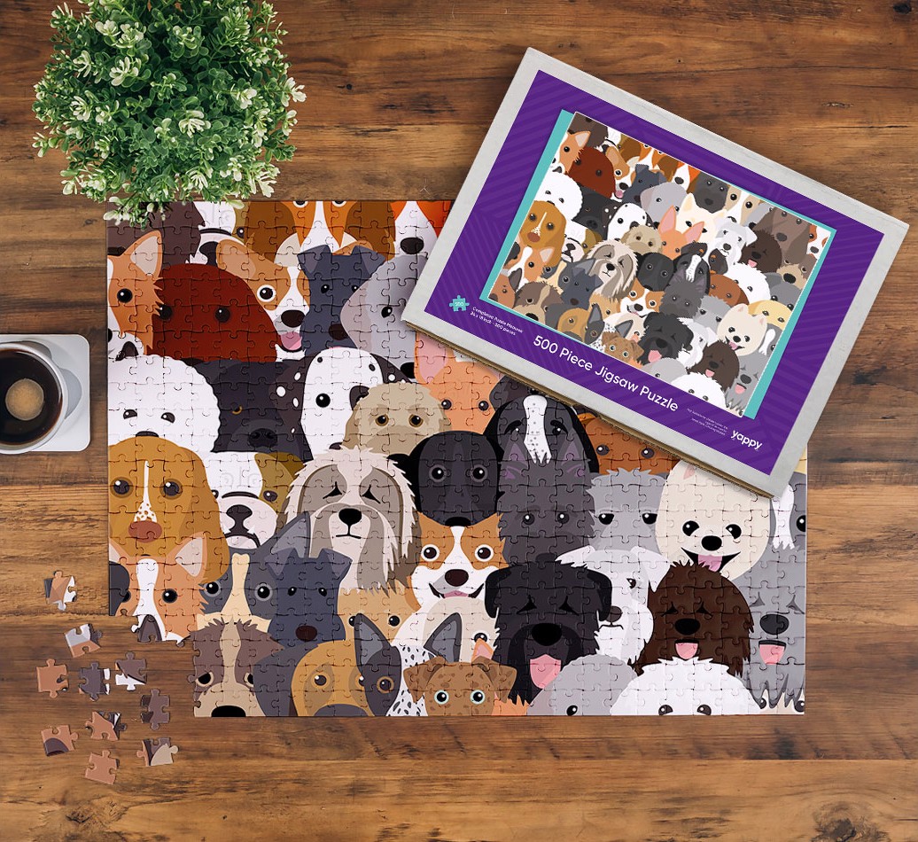 Find Your Dog: Personalized {breedFullName} Jigsaw - on a table being built, with box 