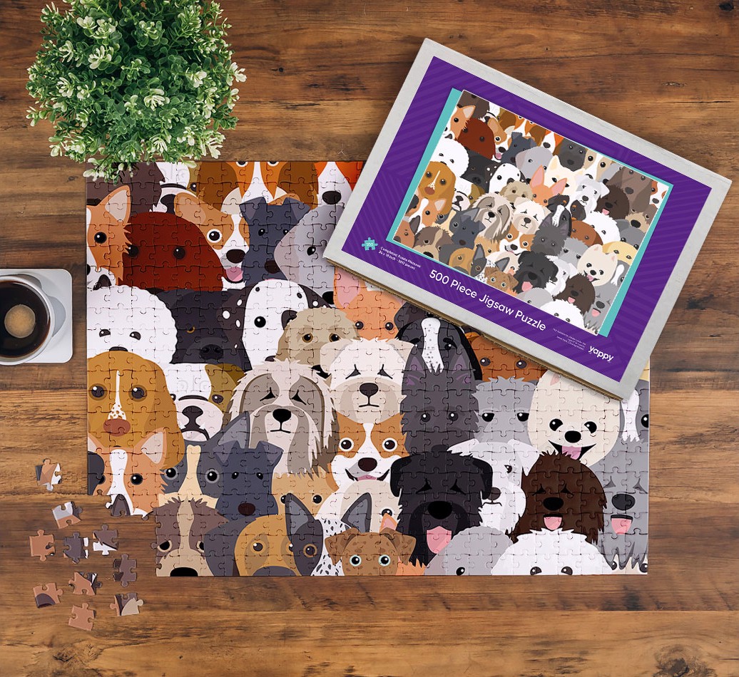 Find Your Dog: Personalized {breedFullName} Jigsaw - on a table being built, with box 