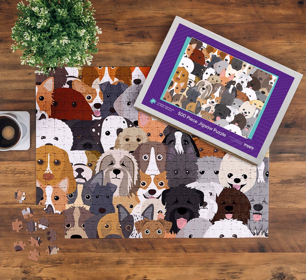 Find Your Dog: Personalized {breedFullName} Jigsaw - on a table being built, with box 