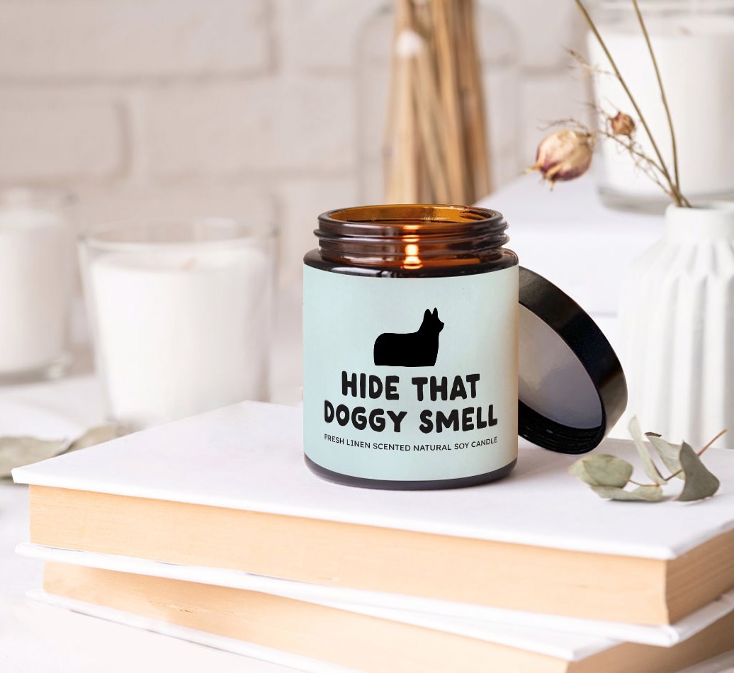 Hide That Doggy Smell: Personalised Candle - on books on a bedside table