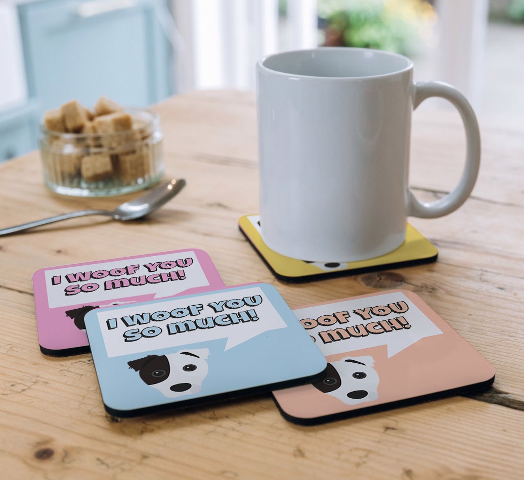 I Woof You So Much: Design with {breedFullName} Icon Coasters - Set of 4 - coasters on kitchen table
