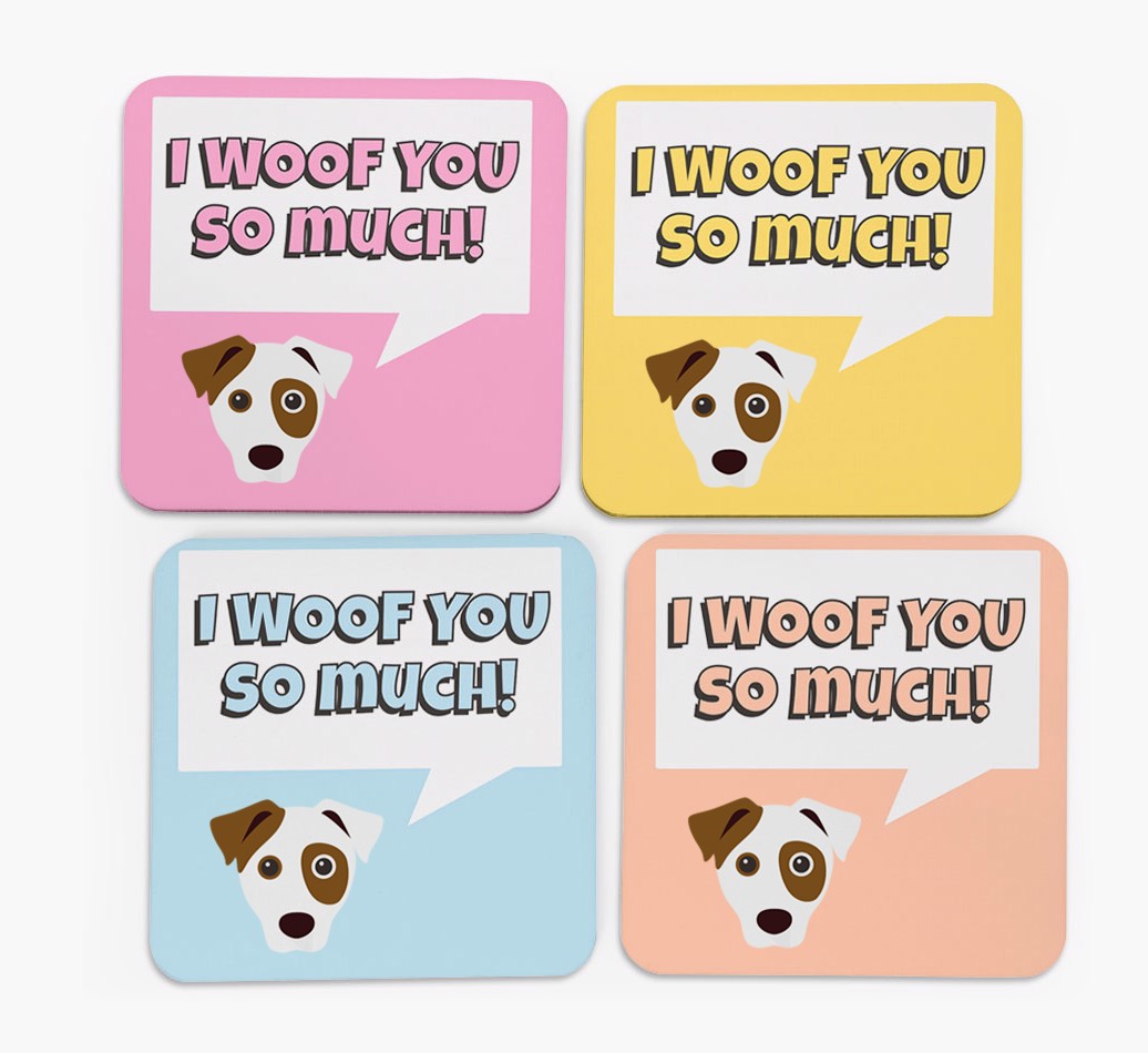  'I Woof You So Much' Design with {breedFullName} Icon Coasters - Set of 4 - front of coasters