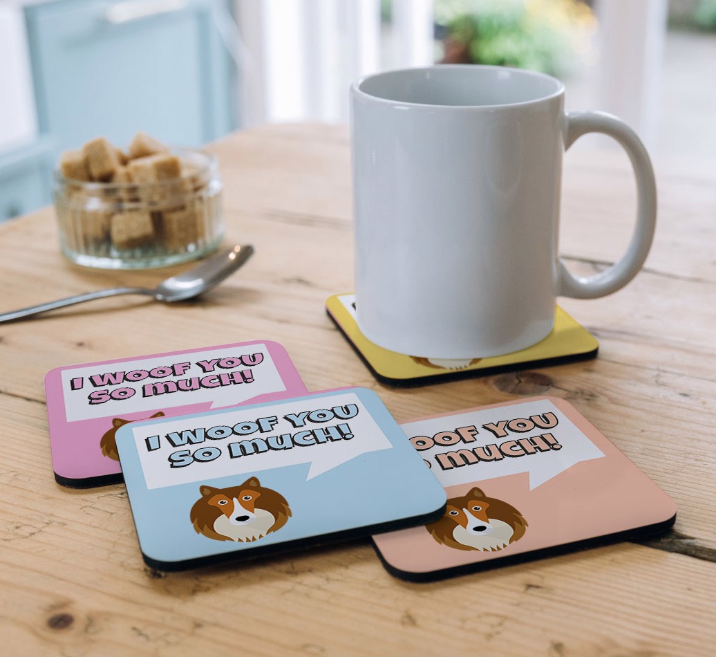 I Woof You So Much: Design with {breedFullName} Icon Coasters - Set of 4 - coasters on kitchen table
