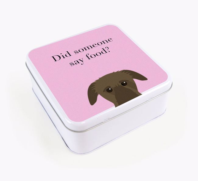 'Did someone say food?' Square Tin for {breedFullName}'s Treats