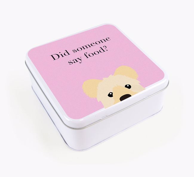 'Did someone say food?' Square Tin for {breedFullName}'s Treats