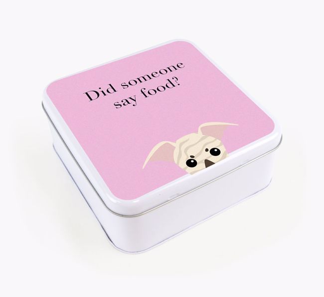 'Did someone say food?' Square Tin for {breedFullName}'s Treats