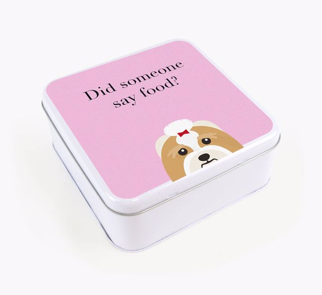 'Did someone say food?' Square Tin for {breedFullName}'s Treats