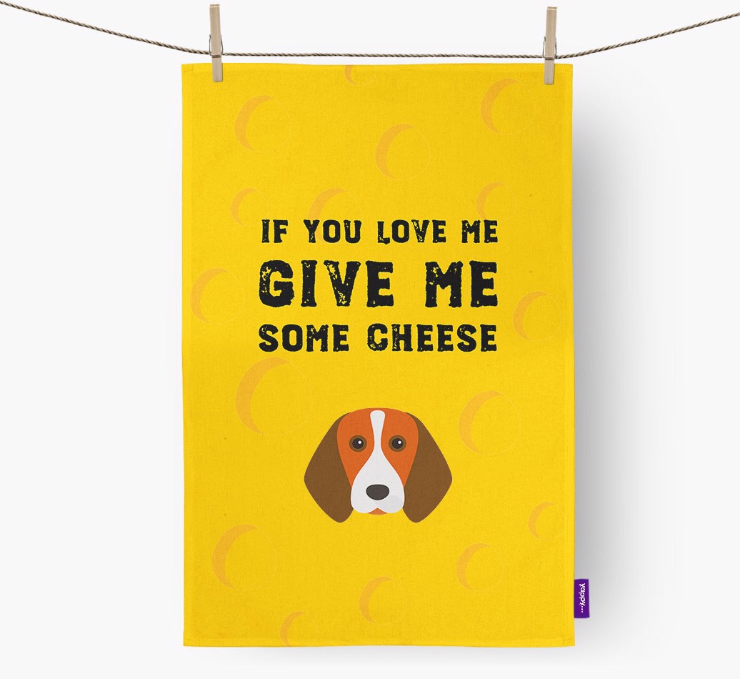 'Give Me Some Cheese' - Personalised {breedFullName} Tea Towel - hung with pegs