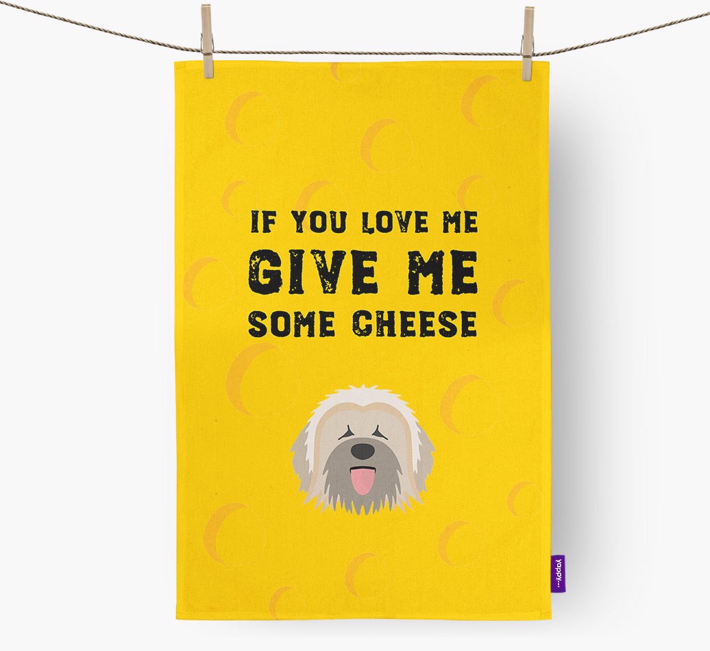 'Give Me Some Cheese' - Personalised {breedFullName} Tea Towel - hung with pegs