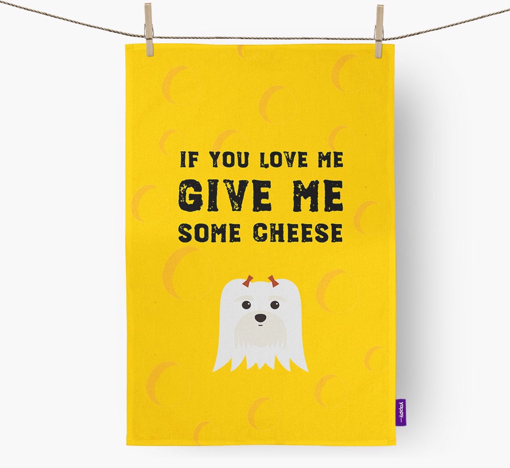 'Give Me Some Cheese' - Personalized {breedFullName} Dish Towel - hung with pegs