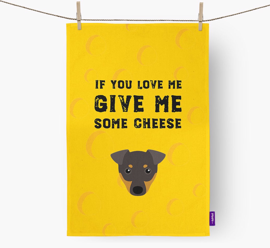 'Give Me Some Cheese' - Personalised {breedFullName} Tea Towel - hung with pegs