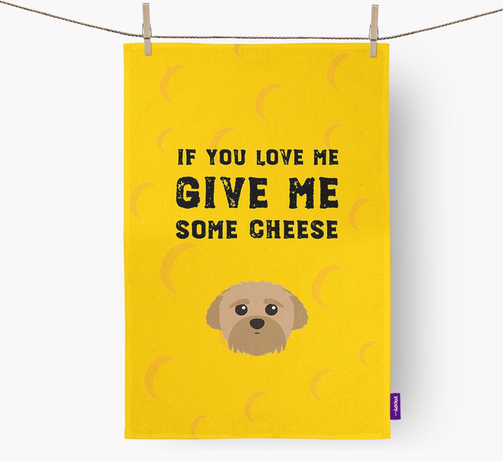 'Give Me Some Cheese' - Personalised {breedFullName} Tea Towel - hung with pegs