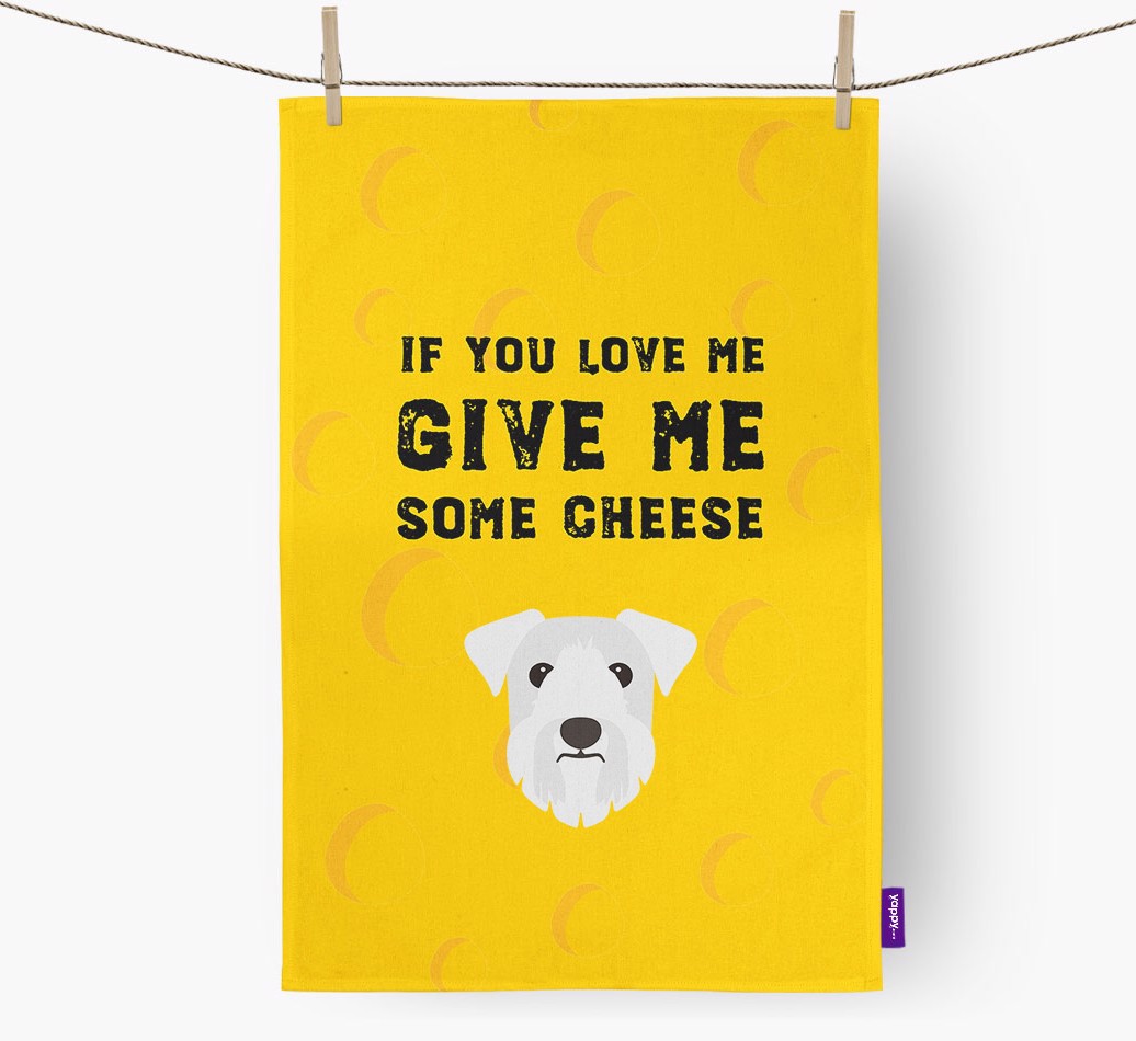 'Give Me Some Cheese' - Personalised {breedFullName} Tea Towel - hung with pegs