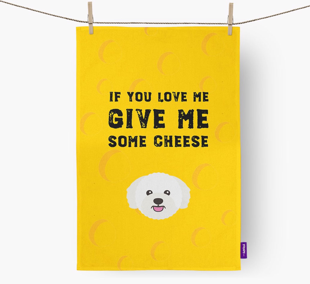 'Give Me Some Cheese' - Personalized {breedFullName} Dish Towel - hung with pegs