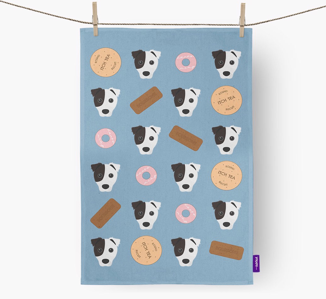 'Biscuit Pattern' - Personalized {breedFullName} Dish Towel - hung with pegs