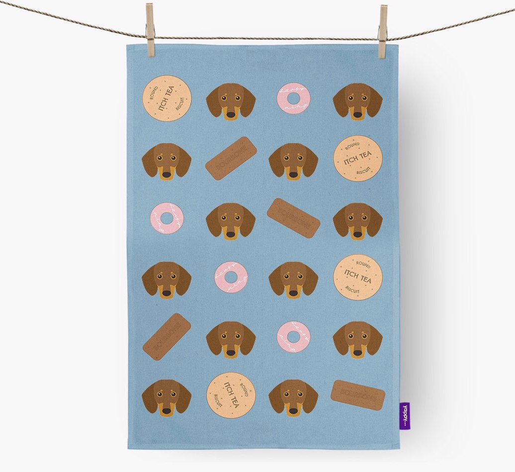 'Biscuit Pattern' - Personalized {breedFullName} Dish Towel - hung with pegs