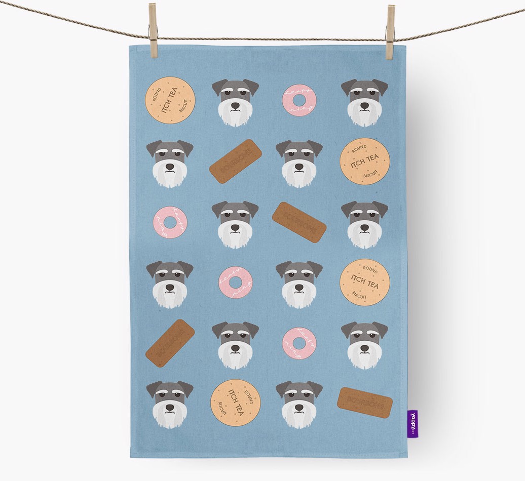 'Biscuit Pattern' - Personalised {breedFullName} Tea Towel - hung with pegs