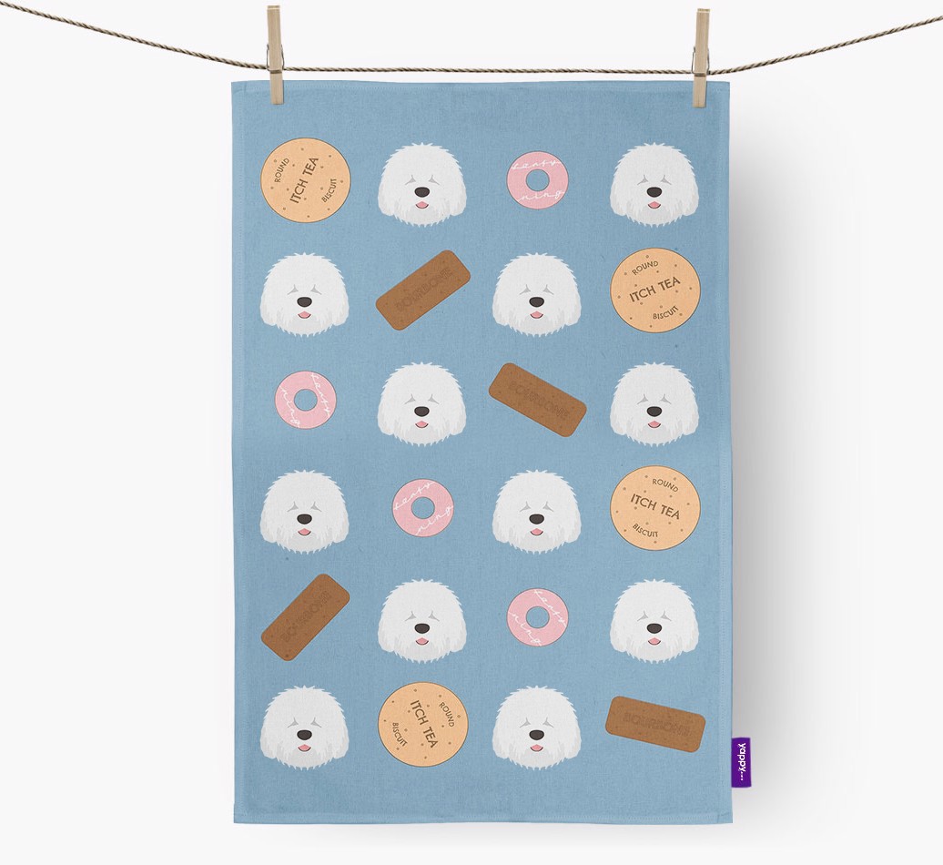 'Biscuit Pattern' - Personalised {breedFullName} Tea Towel - hung with pegs