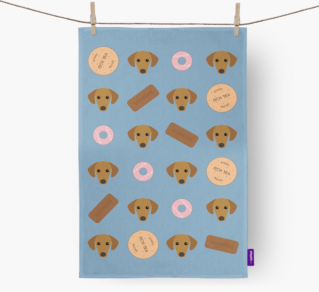 'Biscuit Pattern' - Personalised {breedFullName} Tea Towel - hung with pegs