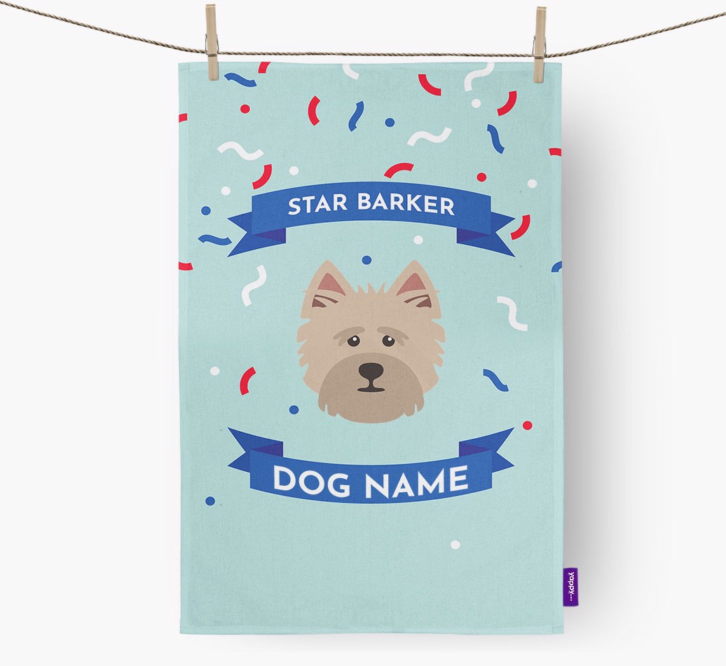 'Star Barker' - Personalised {breedFullName} Tea Towel - hung with pegs