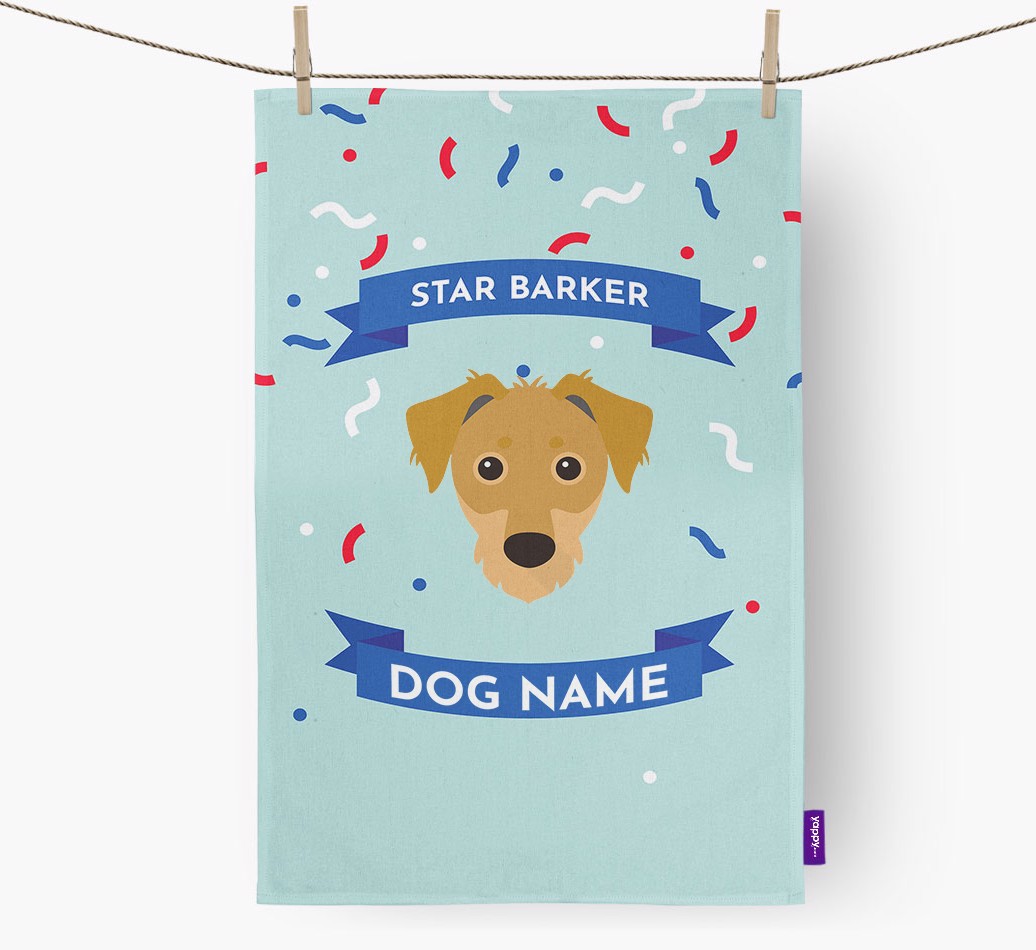 'Star Barker' - Personalised {breedFullName} Tea Towel - hung with pegs