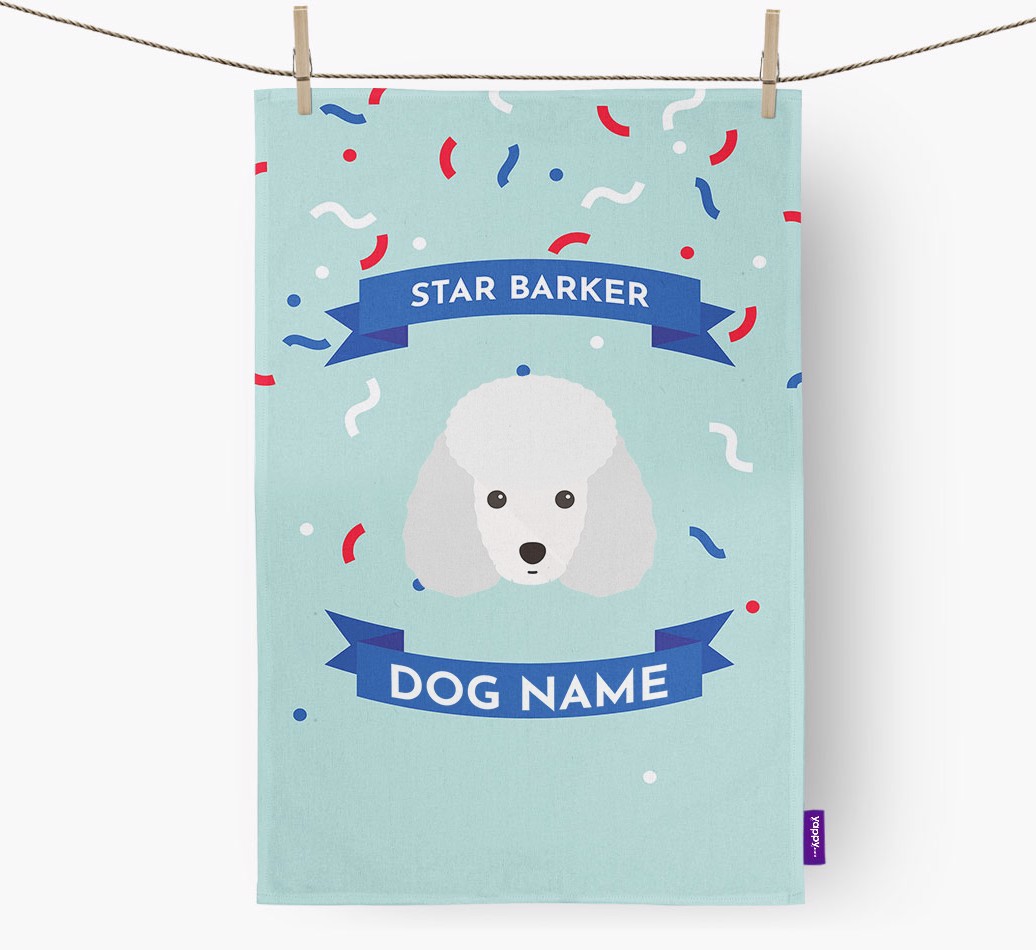 'Star Barker' - Personalized {breedFullName} Dish Towel - hung with pegs