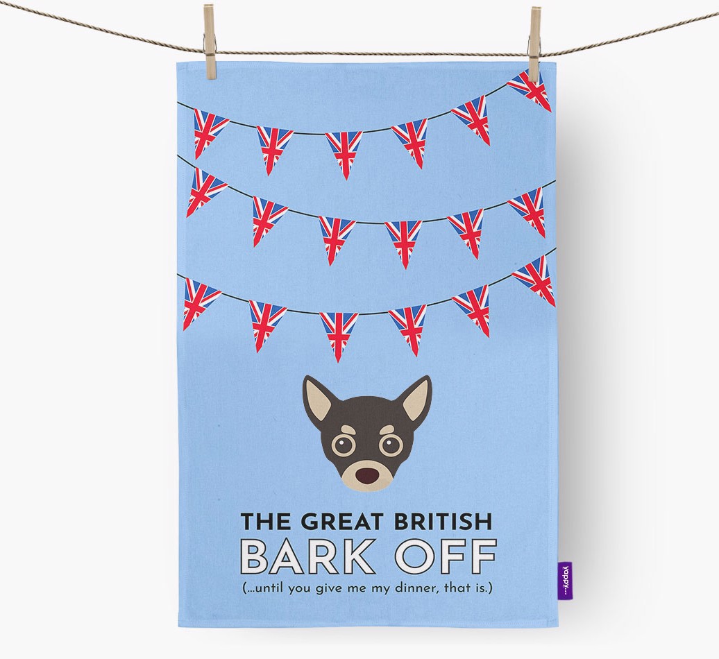 'The Great British Bark Off' - Personalised {breedFullName} Tea Towel - hung with pegs