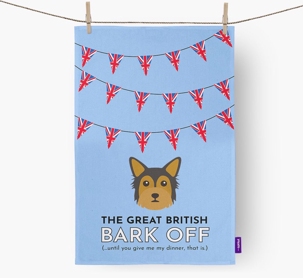 'The Great British Bark Off' - Personalized {breedFullName} Dish Towel - hung with pegs