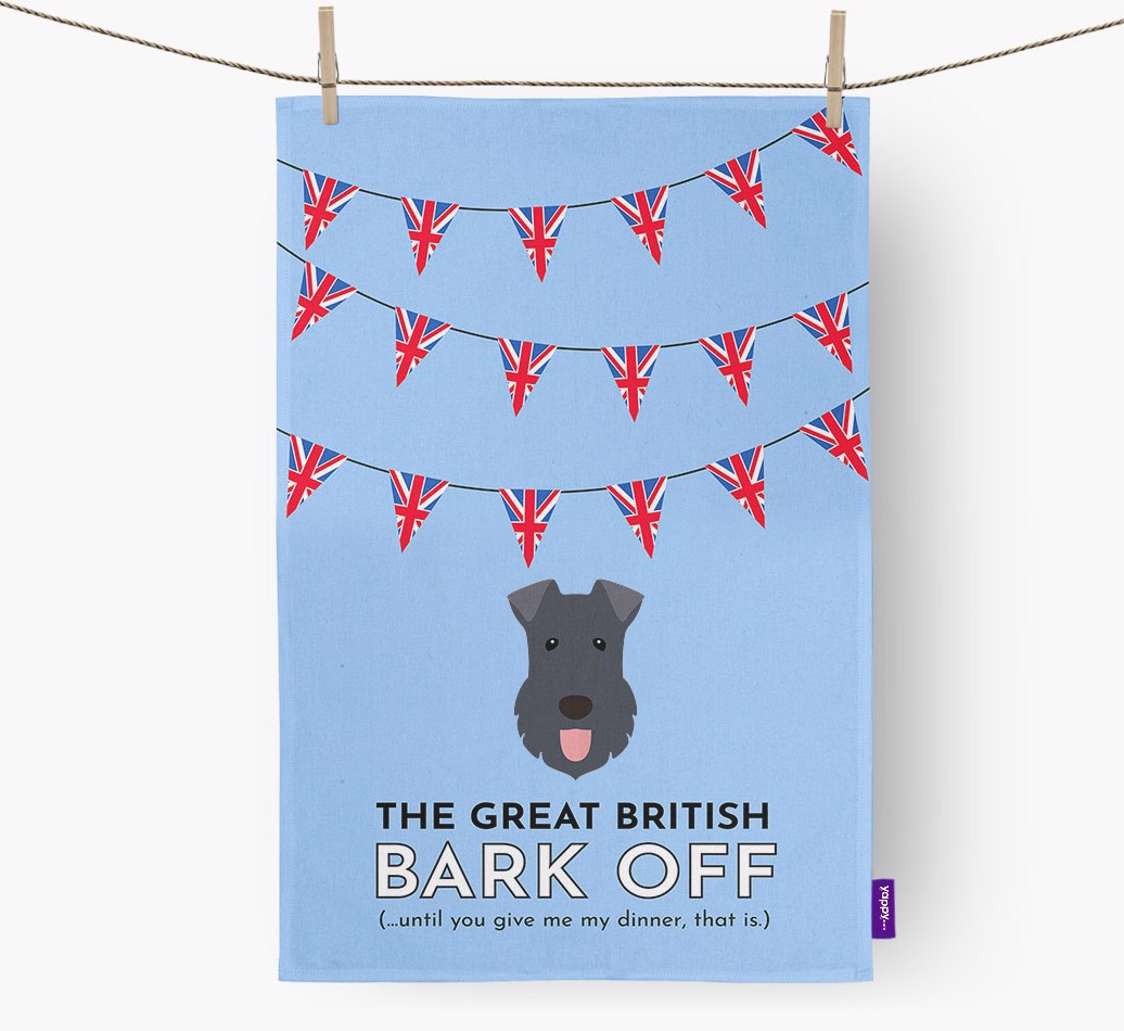 'The Great British Bark Off' - Personalized {breedFullName} Dish Towel - hung with pegs