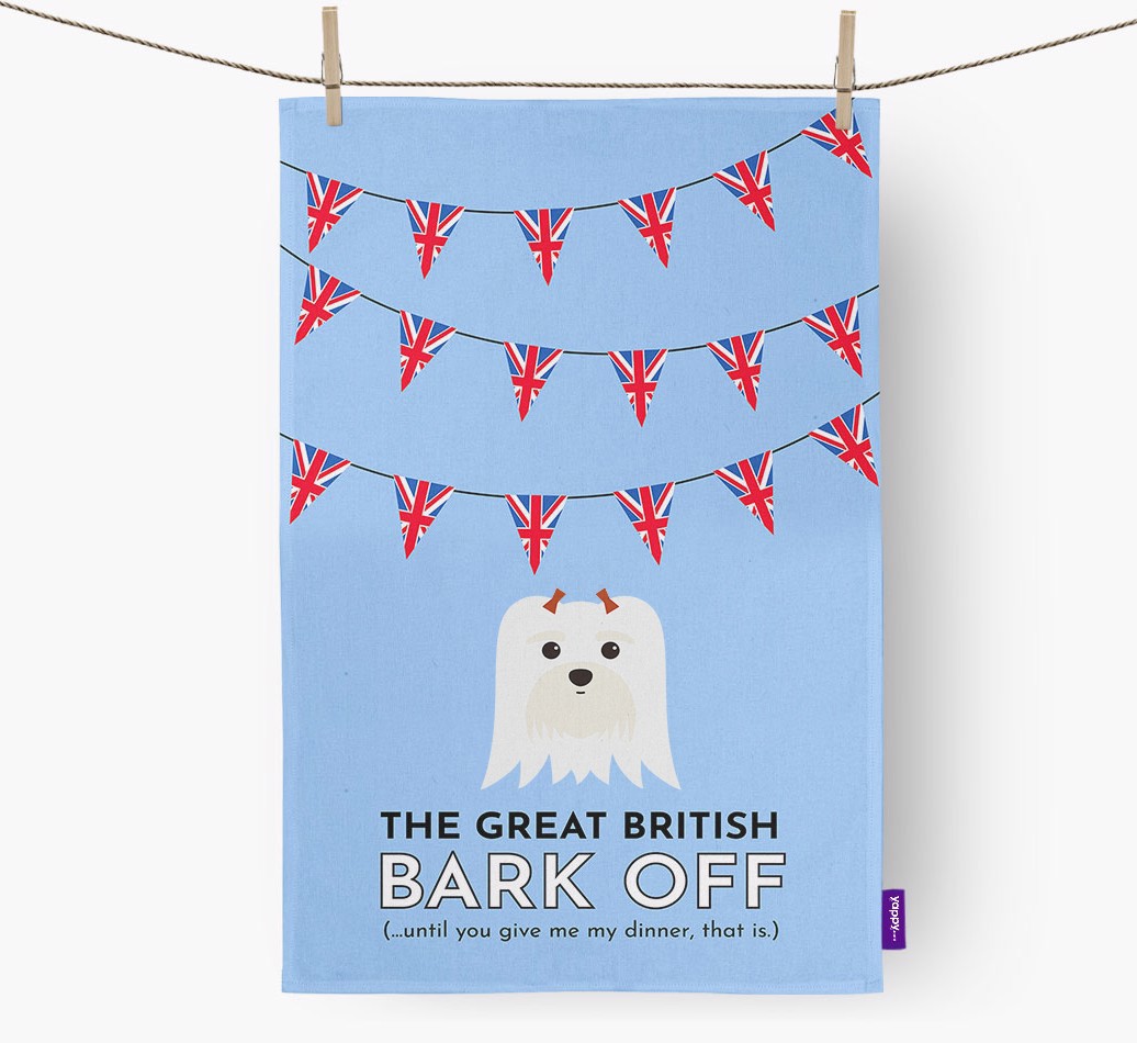 'The Great British Bark Off' - Personalized {breedFullName} Dish Towel - hung with pegs