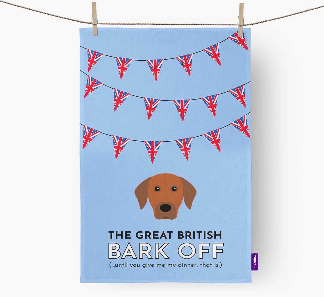 'The Great British Bark Off' - Personalised {breedFullName} Tea Towel - hung with pegs