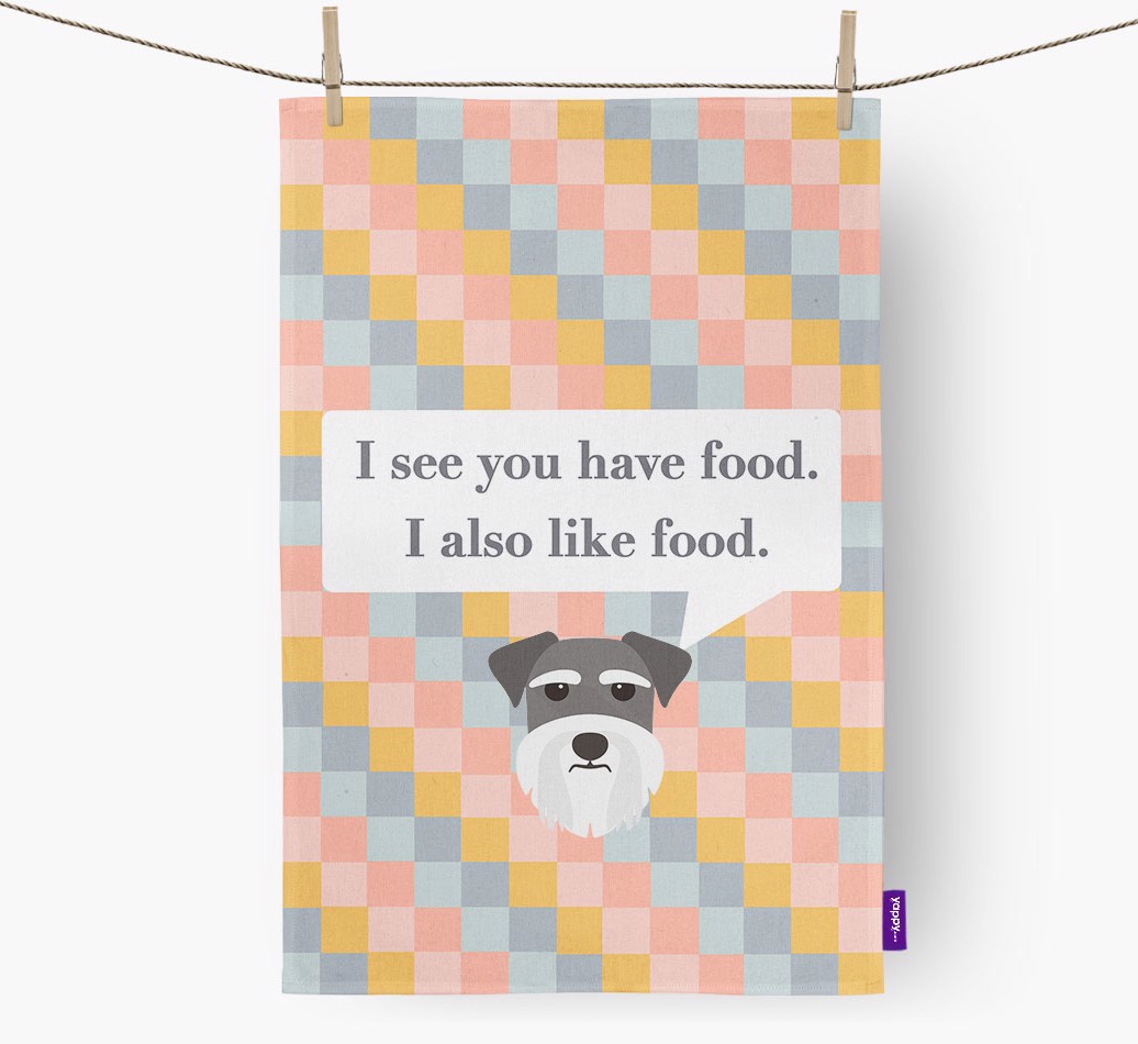 'I See You Have Food...' - Personalized {breedFullName} Dish Towel - hung with pegs