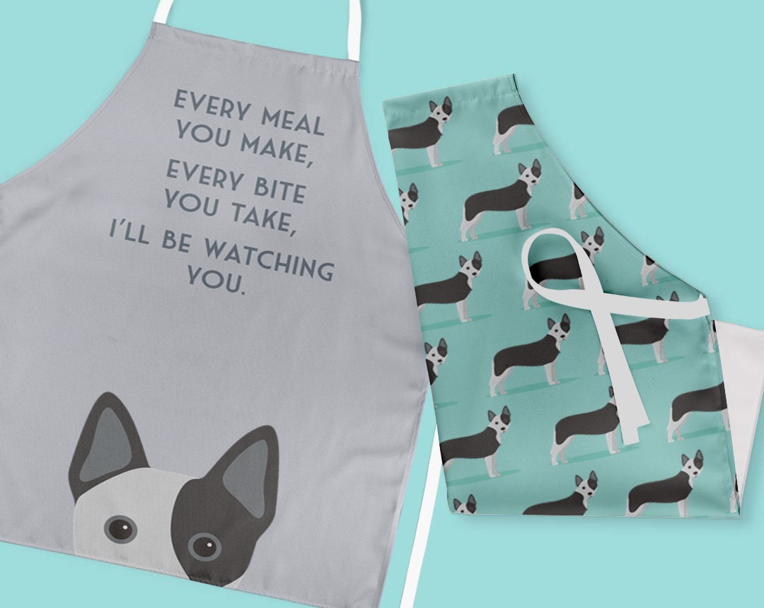 Two personalised aprons featuring personalised dog designs