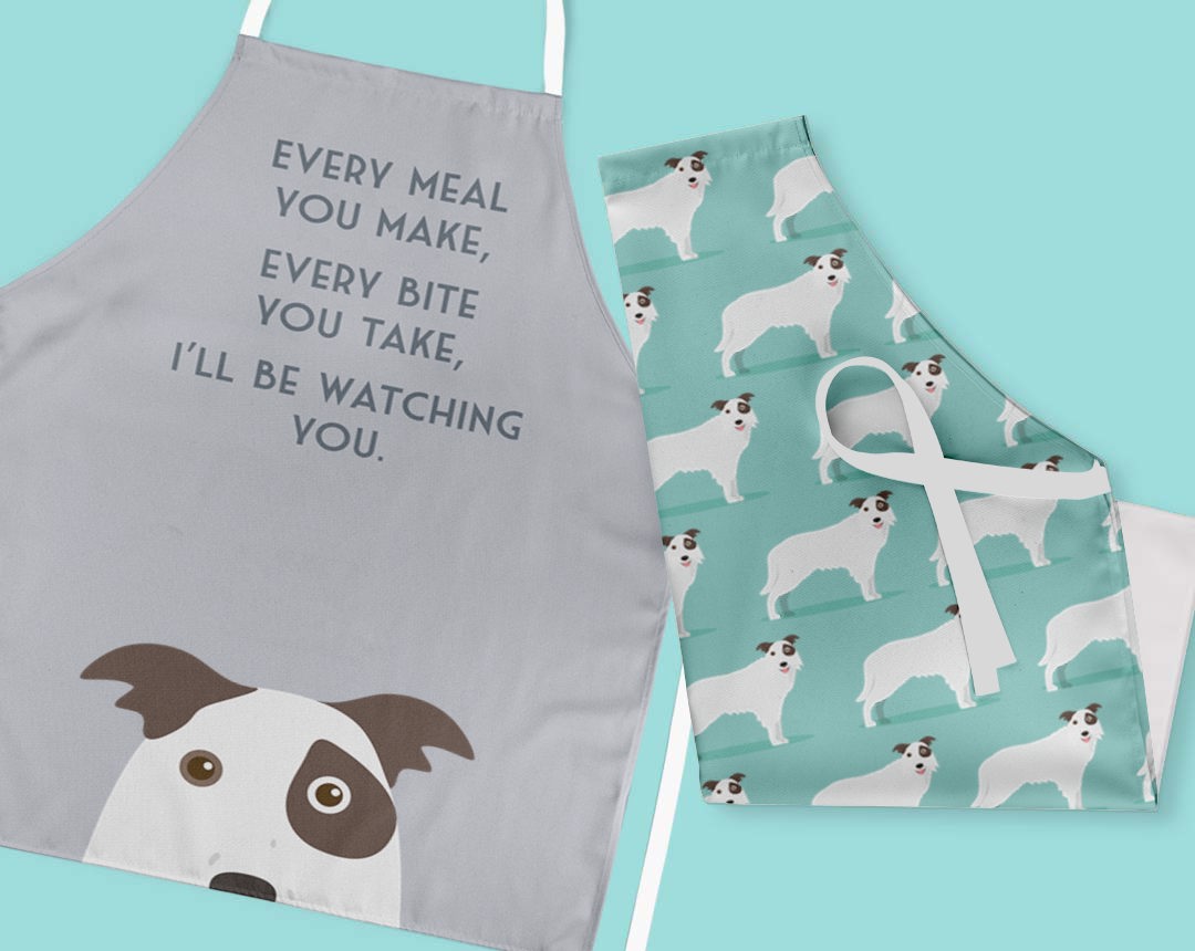 Two personalised aprons featuring personalised dog designs