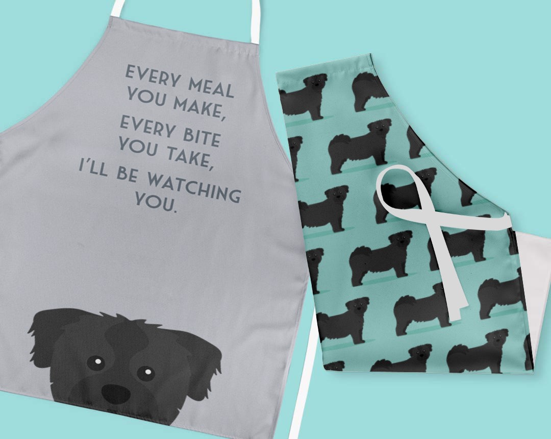 Two personalised aprons featuring personalised dog designs