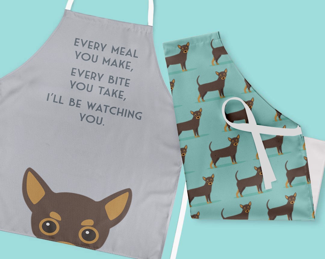 Two personalised aprons featuring personalised dog designs