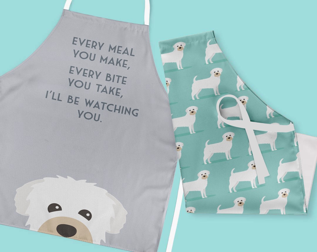 Two personalised aprons featuring personalised dog designs