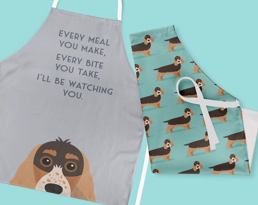 Two personalised aprons featuring personalised dog designs