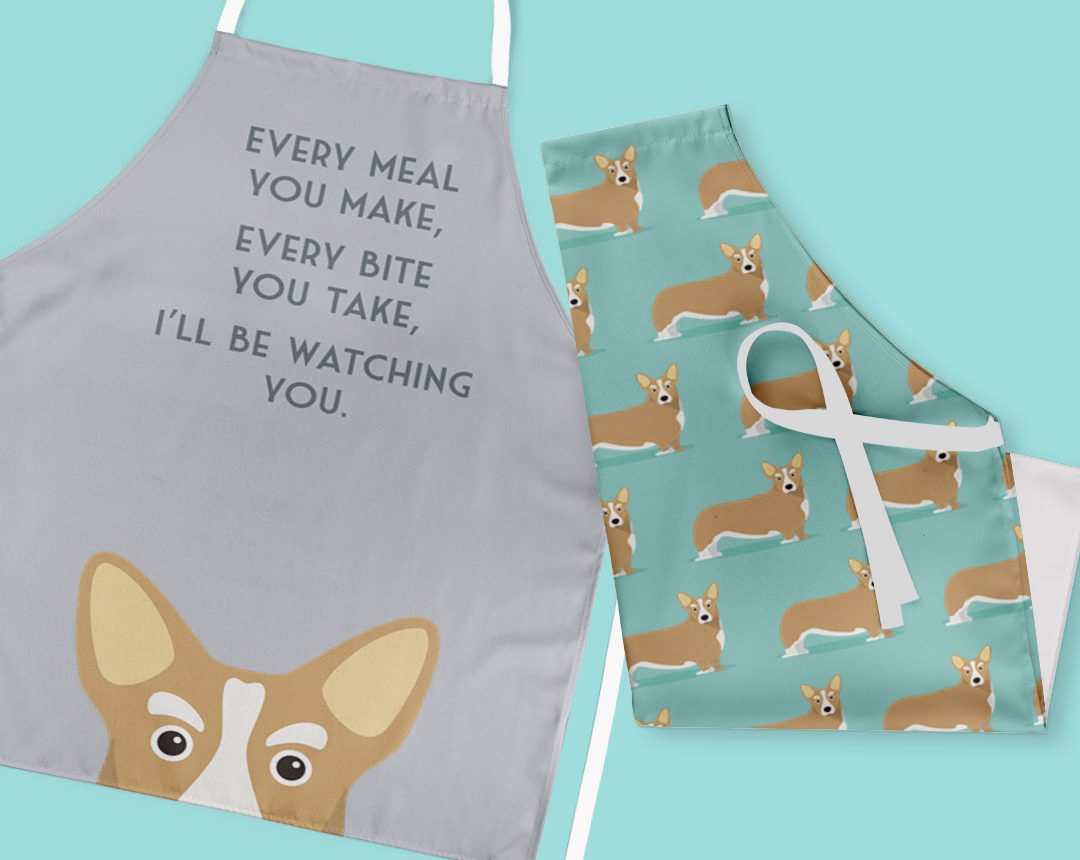 Two personalised aprons featuring personalised dog designs