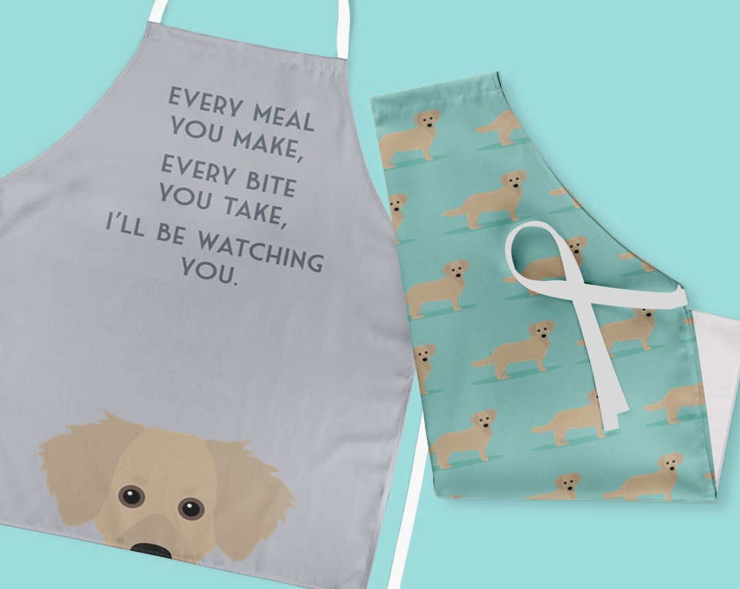 Two personalised aprons featuring personalised dog designs