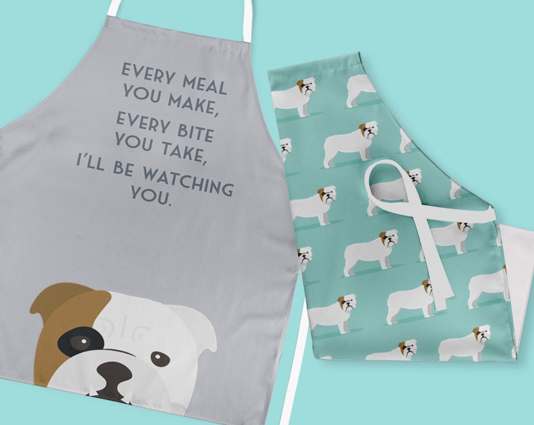 Two personalised aprons featuring personalised dog designs